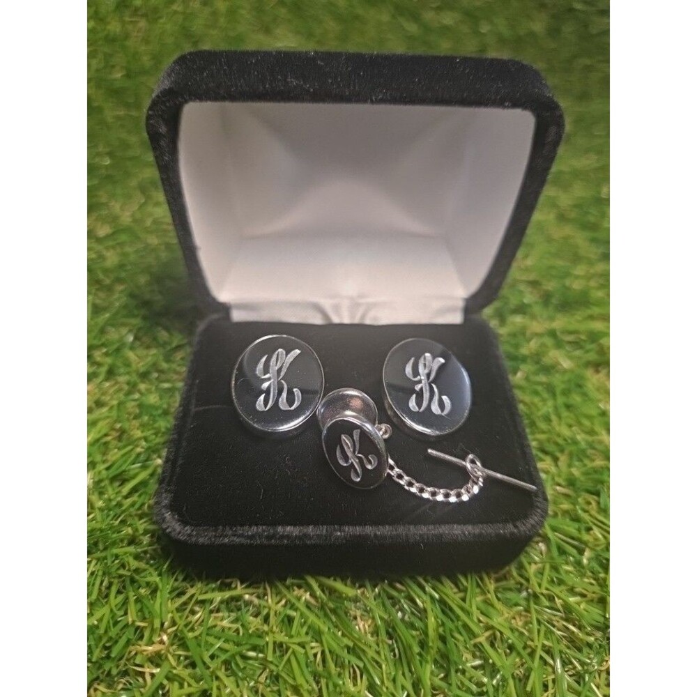 Vintage Silvertone Cursive "K" Cufflinks & Tie Pin Set Oval Bullet Back
